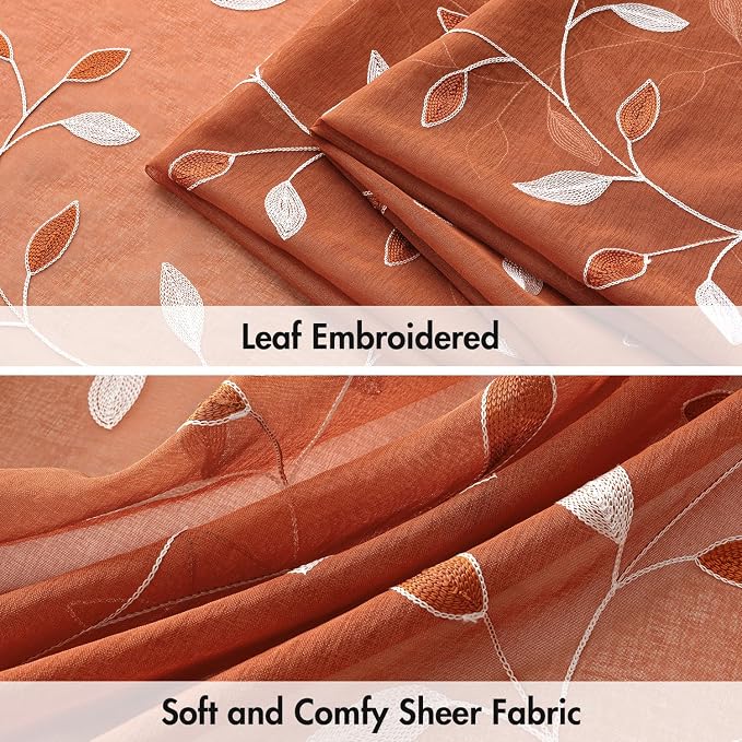 MIULEE Terracotta Sheer Fall Leaf Curtains Burnt Orange 2 Panels 52"x96" | - Image 4