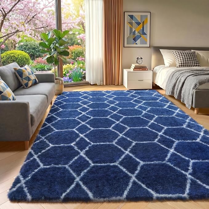 8x10 Area Rugs for Living Room, Fluffy Navy and White Rug for Boys Bedroom | - Image 5