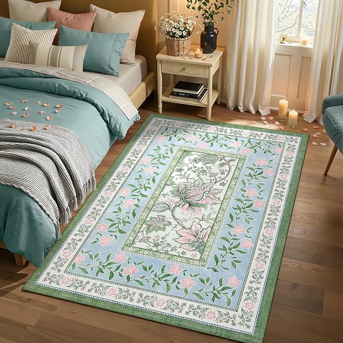 GarveeHome Blue Green Pink Washable 6x9 Area Rugs, Botanical Grove Vintage - Image 3