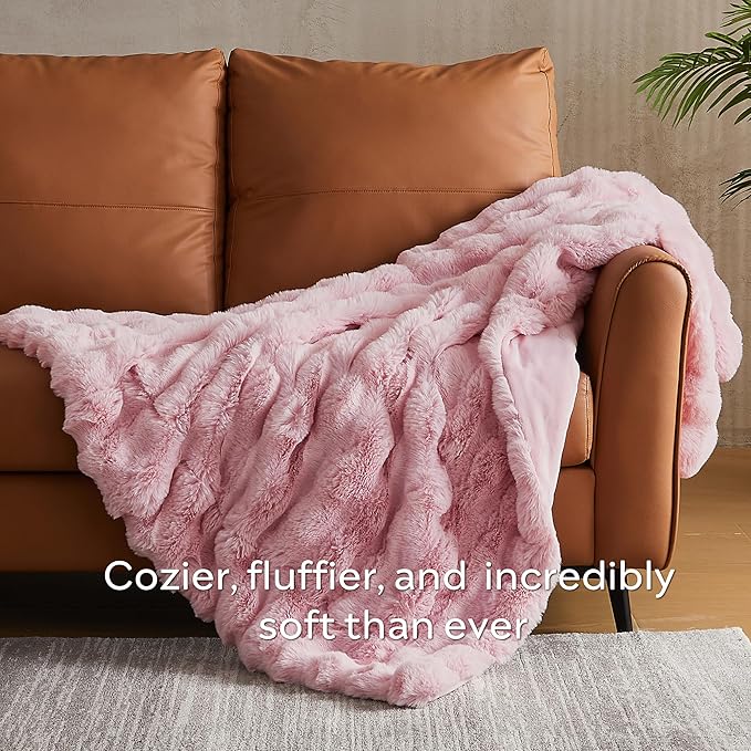 JELLYMONI Faux Fur Throw Blanket, Pink Cozy Plush Bubble Bed Blanket, Thick and Warm, Twin (60" x 80")