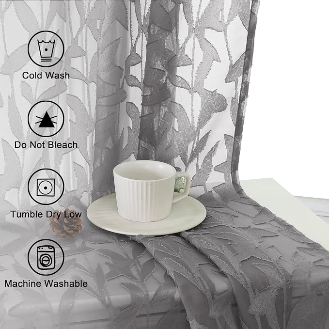 Lecloud Leia Charcoal Grey Sheer Curtains 84 Inches Long 2 Panels, Airy Leaf - Image 9