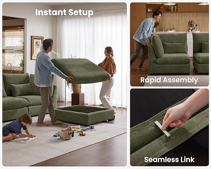 Oversized Modular Sofa, Extra Deep Cloud Chenille Sectional Couch with Ottoman Chaise, Fluffy Chenille 6 Seater Couch Bed for Living Room, Villa (Sofa Bed 6 Seater, Chenille Green)