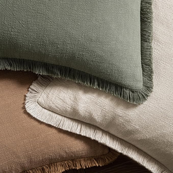 MIULEE Linen Fringe Decorative Fall Euro Throw Pillow Covers Brown 22x22 | Set - Image 4