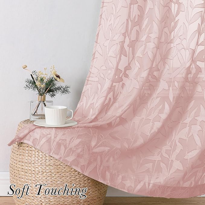 Lecloud Leia Clip Leaf Pink Sheer Curtains 63 Inch Length 2 Panels, Dual Rod - Image 3