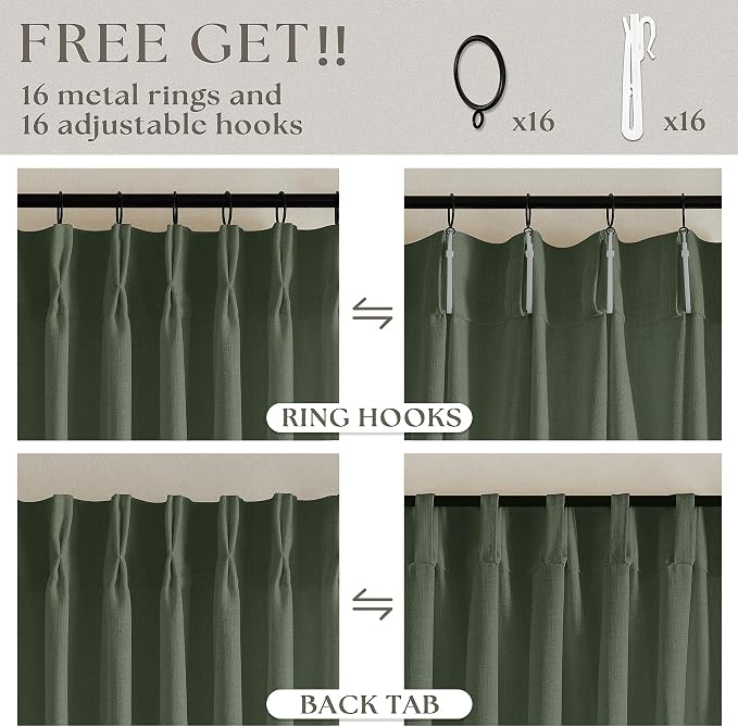 108 Inch Linen Memory Trained Pleated Curtains Olive Green - Image 5