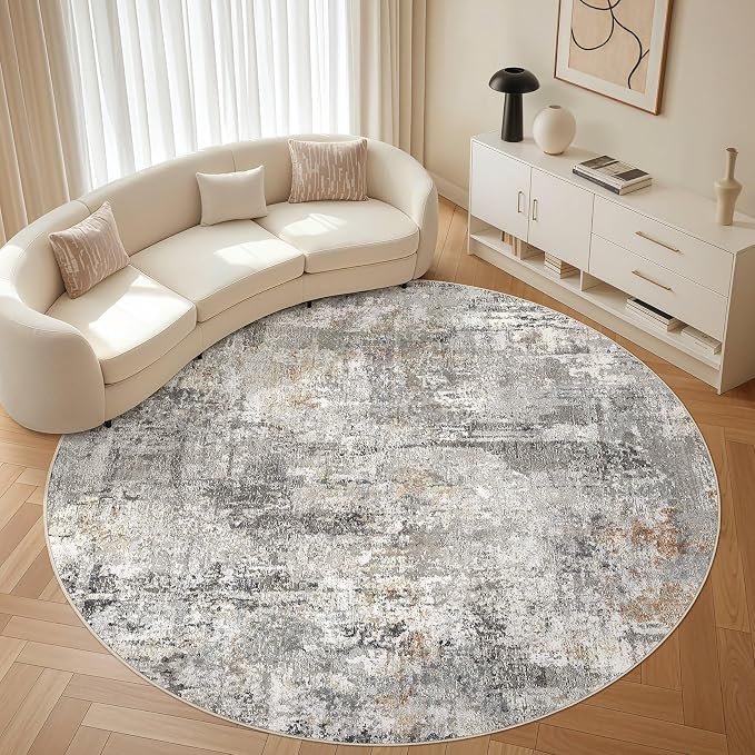 LOONGRUG Round Rug 8x8 Washable Large Neutral Modern Circle Rugs Grey Rust | by LOONGRUG