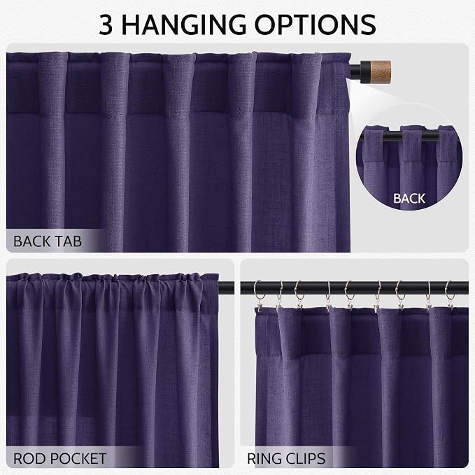 Purple Linen Blend Light Filtering Back Tab Curtains 102 Inches Long, Semi - Image 3