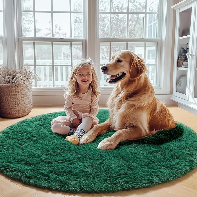 ONASAR Dark Green Round Area Rugs 5ft, Fluffy Soft Bedroom Circle Rug - Image 5