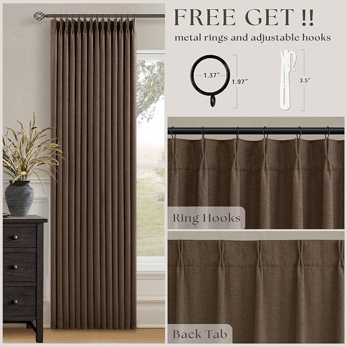 120 Inch Pinch Pleat Brown 100% Blackout Thick Linen Curtains - Image 3
