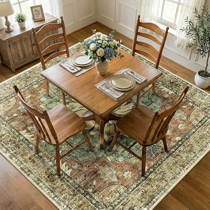 Area Rugs Square 8ft Washable Non-Slip, Floral Vintage Distress Print Pattern - Image 2