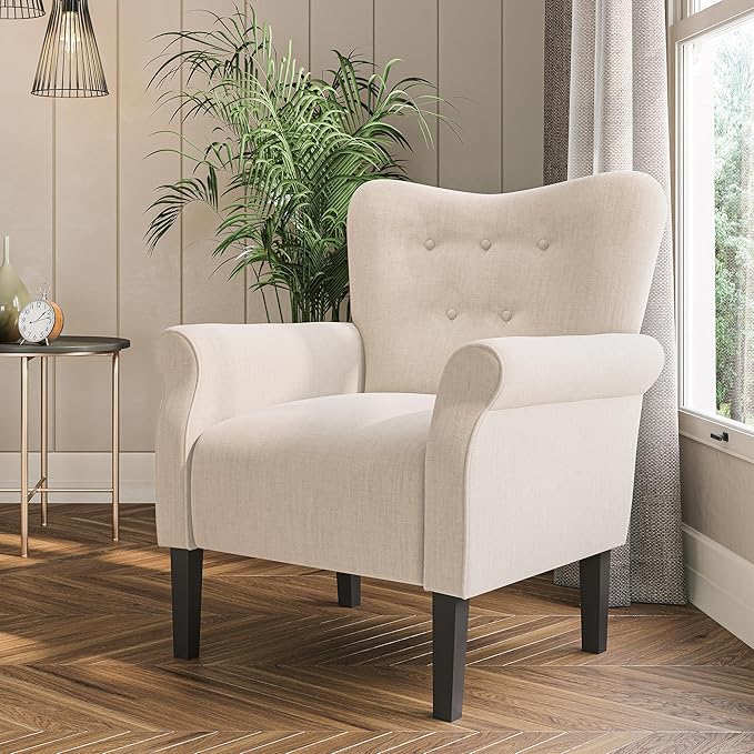BELLEZE Modern Accent Chair, High Back Armchair, Upholstered Wingback Side Chair, Padded Single Sofa with Wooden Legs for Living Room, Bedroom - Beige