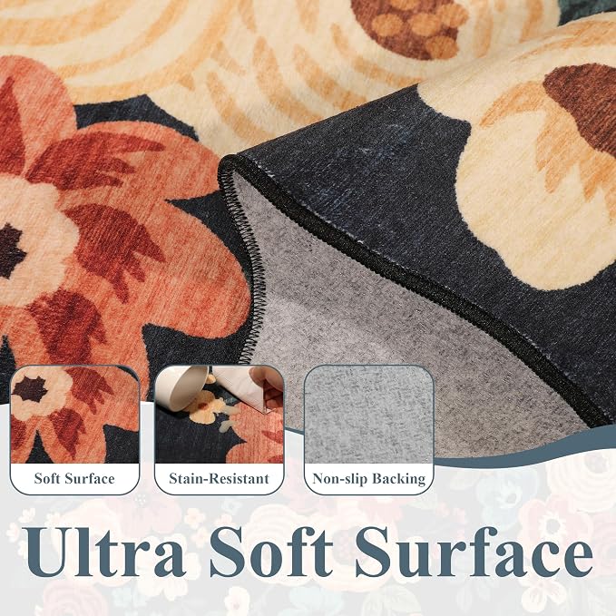 DUKINO 2.6x10 Runner Rug for Hallway, Washable Rug Non Slip, Low Pile, Floral - Image 6