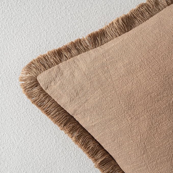 MIULEE Linen Fringe Decorative Fall Euro Throw Pillow Covers Brown 22x22 | Set - Image 3