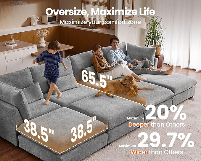Oversized Modular Sofa, Extra Deep Cloud Chenille Sectional Couch with Ottoman Chaise, Fluffy Chenille 6 Seater Couch Bed for Living Room, Villa (Sofa Bed 6 Seater, Chenille Grey)