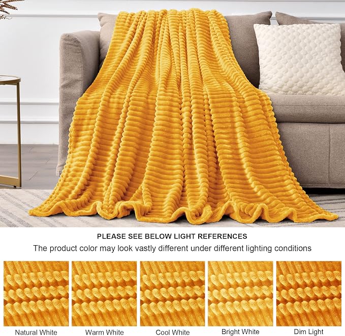 BEDELITE 3D Ribbed Mustard Yellow Fleece Twin Blanket - Image 7