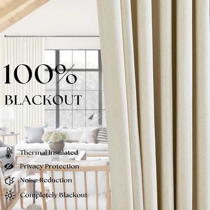 Cream Beige 63 Inch Length Blackout Pinch Pleated Linen Curtains - Image 3