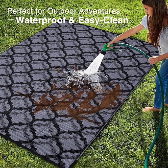 OLANLY Reversible Outdoor Rug 9x12 ft Clearance, Waterproof Outdoor Plastic Straw Rug with Interlacing Pattern, RV Mat for Patio, Camping, Balcony, Deck, Backyard, Black & Grey