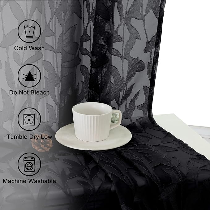 Lecloud Leia Black Sheer Curtains 108 Inches Long 2 Pcs, Elegant Jacquard Leaf - Image 8