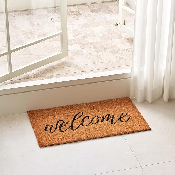 KANKUN Coco Coir Door Mat with Heavy Duty Backing, Welcome Doormat (17" x 30"), Doormat Entrance (Welcome3)