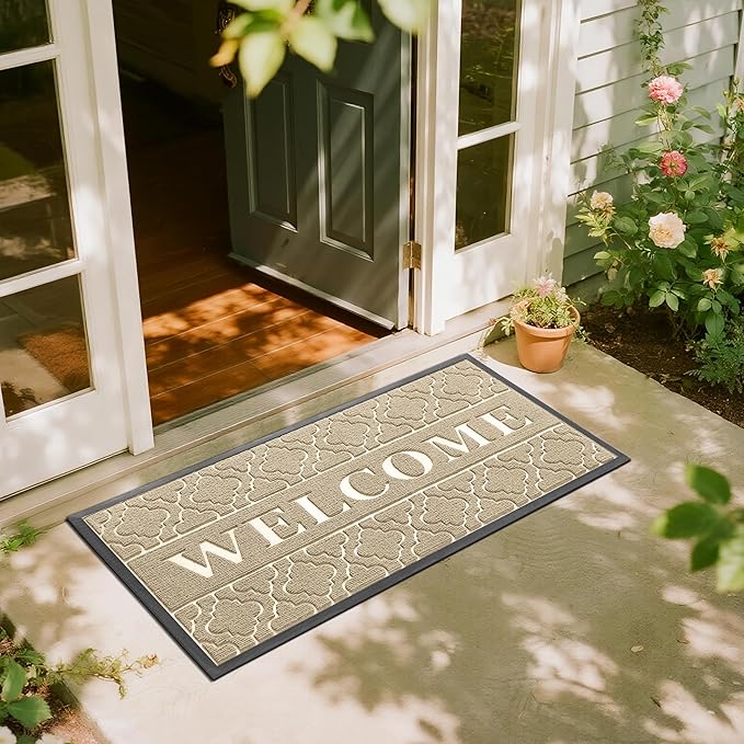 Yimobra Welcome Mat Outdoor Indoor, All-Season Waterproof Front Door Mat Outside Entrance, All-Weather Heavy Duty Non-Slip Doormat, Low Profile Porch Patio Entrance Mats, 47x24, Beige
