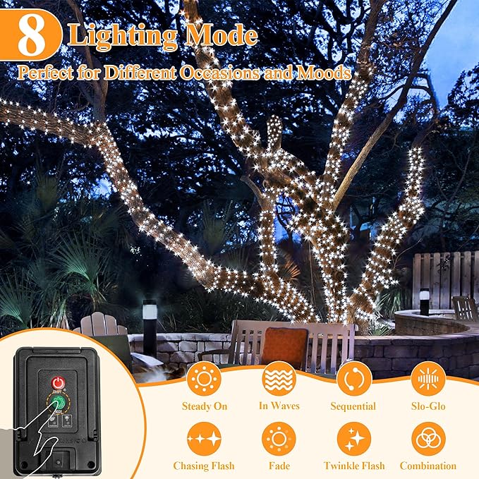 2 Pack Solar String Lights Total 480LED 158FT, IP67 Waterproof Solar Lights for Outside with 8 Modes, Upgraded Solar Panel Fairy Lights for Garden Party Wedding Decorations (Cool White)