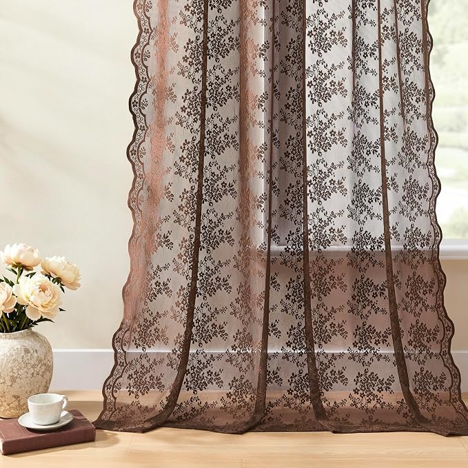 YJ YANJUN Vintage Lace Curtains 54 Inch Length-Brown Kitchen Curtains - Image 3