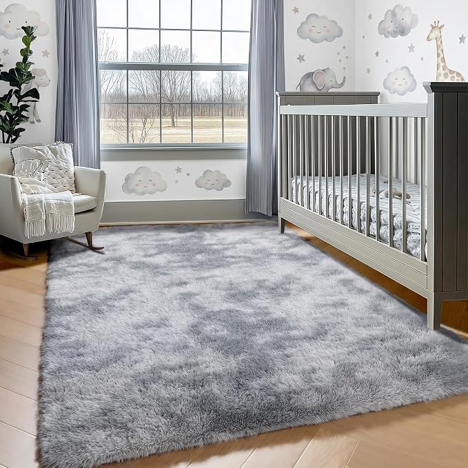 Area Rugs for Living Room Bedroom, 5x8 Fluffy Tie-Dyed Light Grey Shag Rug | - Image 7