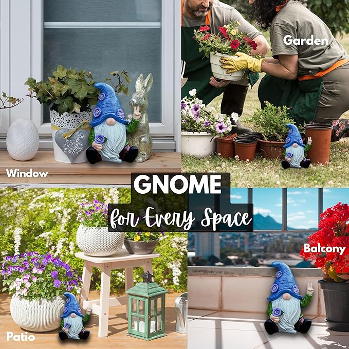 Peace Gnome Decorations for Yard/Lawn – Weatherproof Garden Statue – Fun Spring Summer Charming Gnomes Gifts for Women (Blue Peace Gnome)