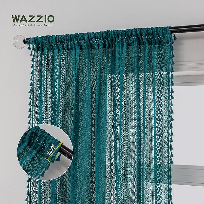 WAZZIO Boho Lace Curtains 45 Inches 2 Panel, Light Filtering Privacy Tassel & - Image 6