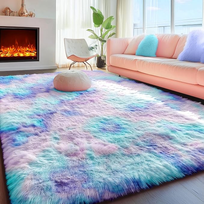 Rainbow Purple Area Rugs for Living Room 5x7 Ft, Plush Adorable Kawaii Rugs | by PAGISOFE