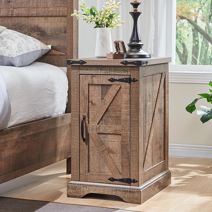 JXQTLINGMU Nightstand with Charging Station, Rectangular Farmhouse End Table with Barn Door and Adjustable Storage Shelf, 17" Deep Wood Rustic Sofa Side Table for Living Room, Bedroom, Light Brown
