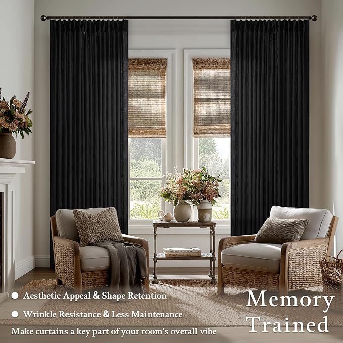 Black 90 Inches Pleated Linen Semi Sheer Memory Trained Curtains - Image 2