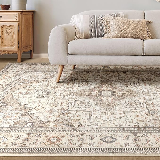 Washable Area Rugs for Living Room - 6x9 Neutral Vintage Distressed Floral Farmhouse Boho Large Soft Floor Rug Indoor Non Slip Carpet for Bedroom Dining Room Office - Brown/Multi