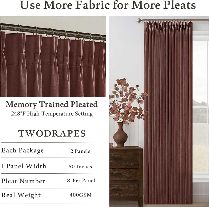 Chestnut Brown Thick Linen Pleated Light Filtering Curtains 96 Inch Long | - Image 4