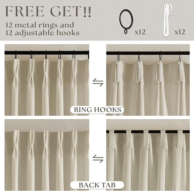 60 Inch Width 96 Inches Long Linen Pinch Pleated Curtains 1 Panel | Light - Image 4