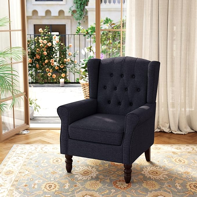 Accent Chair, Upholstered Armchair with Button Tufted High Back & Solid Wood Legs, Comfy Wingback Reading Single Sofa Chair for Small Spaces, Living Room, Bedroom (Blue, Set of 2)