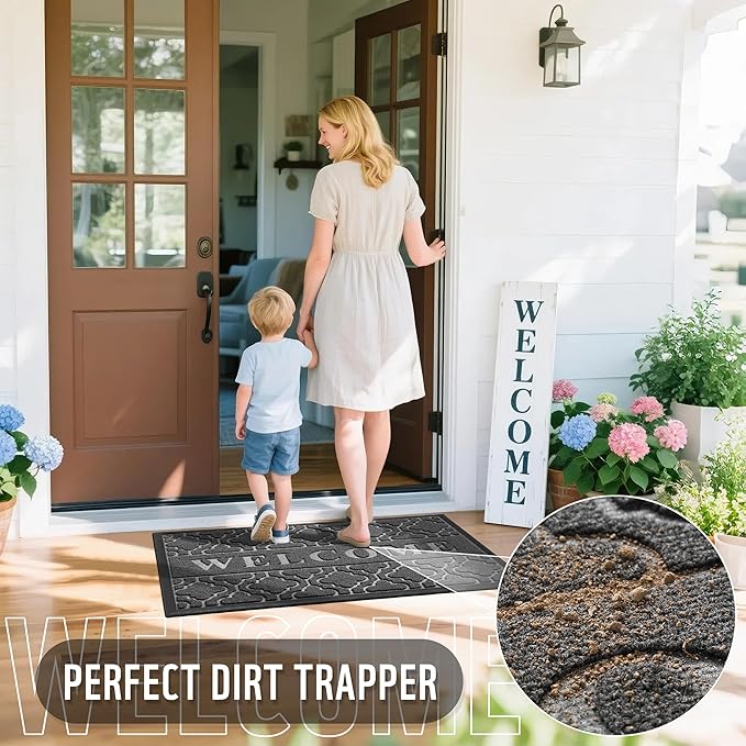 Yimobra Welcome Mat Outdoor Indoor, 36x24 All-Season Waterproof, All-Weather Heavy Duty Doormat, Low Profile Porch Patio Entrance Mat, Sturdy Natural Rubber, Dark Grey