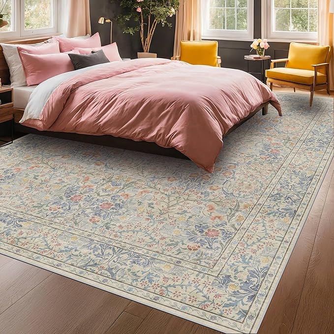 Vintage Washable Beige Blue 10x12 Rug - Image 4