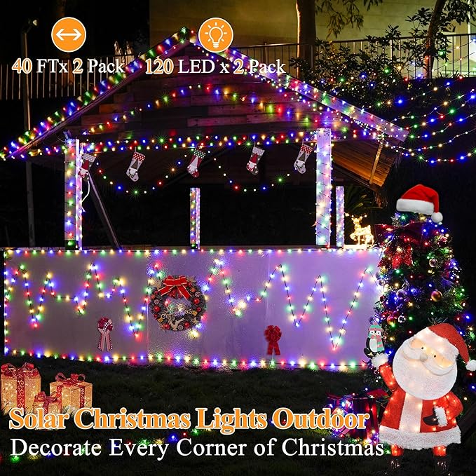2 Pack Solar String Lights Total 240LED 80FT, IP67 Waterproof Solar Lights for Outside with 8 Modes, Upgraded Solar Panel Fairy Lights for Garden Party Wedding Decorations (Multicolor) …