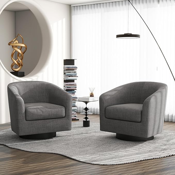 Swivel Barrel Accent Chair, Modern Round Linen Arm Chair for Living Room, Bedroom, Comfy Club Reading Chairs for Adults（Linen Fabric, Grey, Set of 4