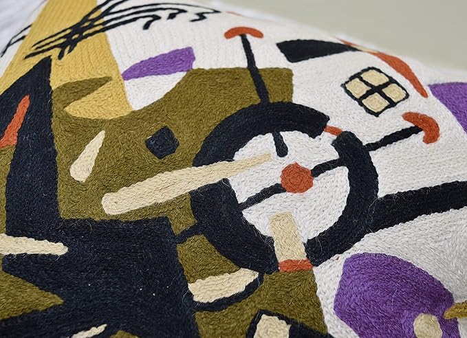 Kandinsky Abstract Pillow Cover - White Modern Throw Pillowcase Cream Chair Cushion Contemporary Farmhouse Pillows Modern Couch Handmade Wool Size 18x18