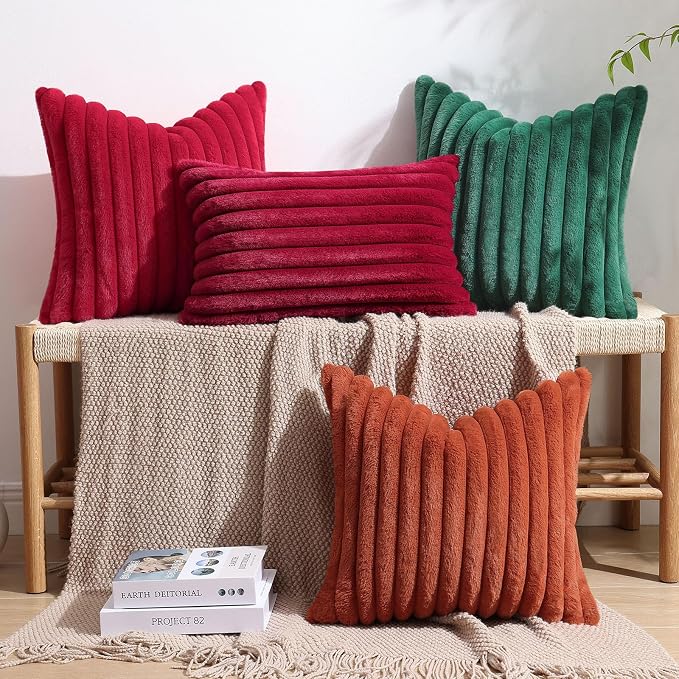 decorUhome Fall Faux Fur Throw Pillow Covers 12x20 Set of 2 Christmas Green | - Image 8