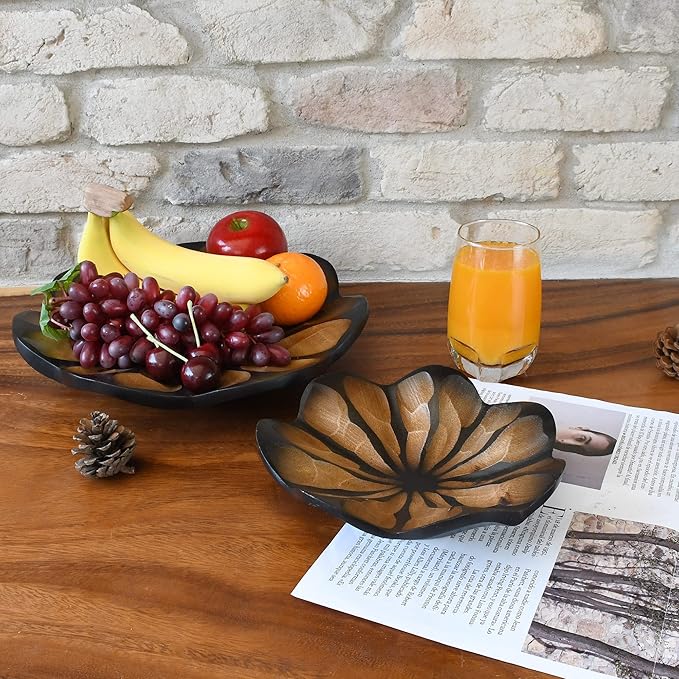 AeraVida 8-Inch Handmade Mango Wood Lotus Blossom Plate Tray | Decorative Carved Wooden Bowl for Tabletop, Entryway or Kitchen | Rustic Boho Accent Dish for Home Décor or Gifting