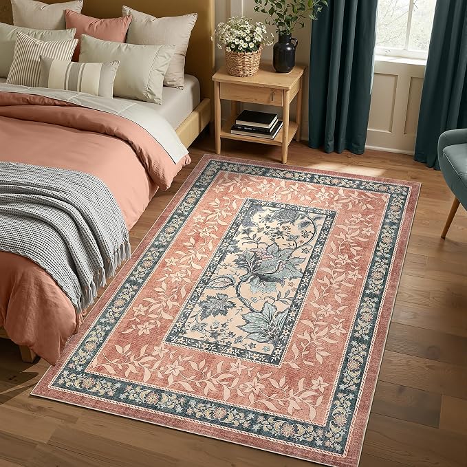 GarveeHome Terracotta Teal Washable 6x9 Area Rugs, Botanical Grove Vintage - Image 3