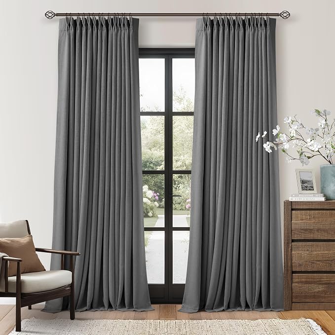 Dark Grey Pleated Thick Linen Blackout Curtains 90 Inches Long by Twodrapes