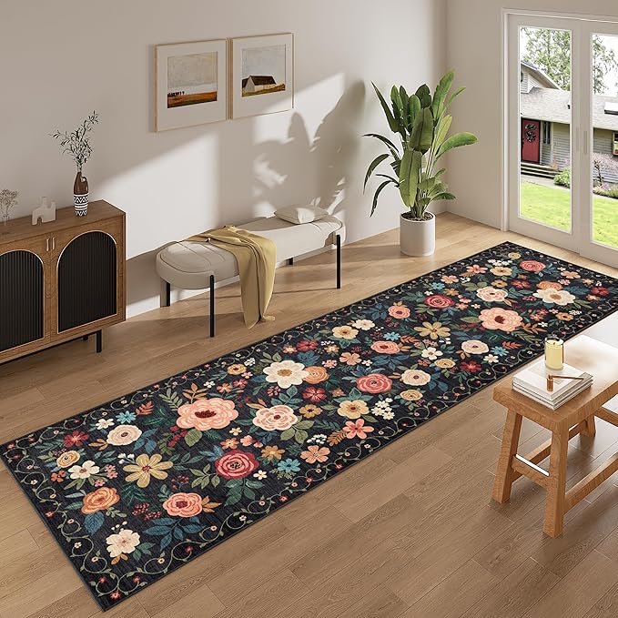 DUKINO 2x10 Runner Rug, Floral Washable Kitchen Runner Rug Non Slip, Low Pile - Image 3