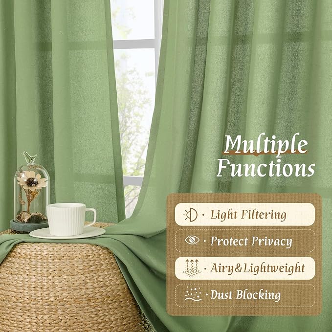 LAMIT Green Linen Curtains for Bedroom, Faux Linen Textured Light Filtering - Image 9