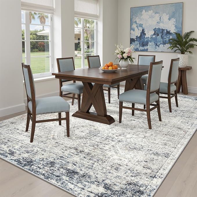 Soalmost 5x8 Area Rugs Blue/Ivory Low Pile Washable Trendy Faded Style Rug | - Image 4