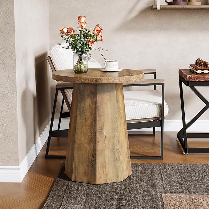 Tribesigns Round Pedestal End Table, Farmhouse Couch Side Table with Octagonal Base, Nightstand Accent Wooden Drink Stand (1, Rustic Brown)