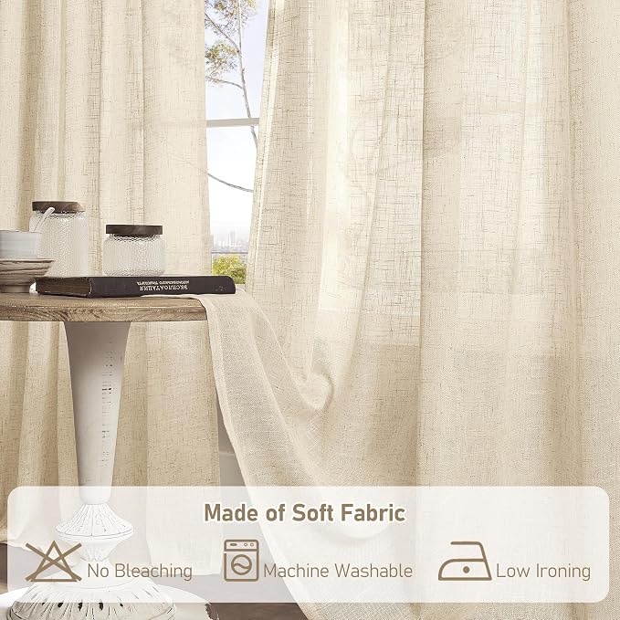 54 Inch Length Linen Curtains for Bedroom, Light Filtering Semi Sheer Neutral - Image 8